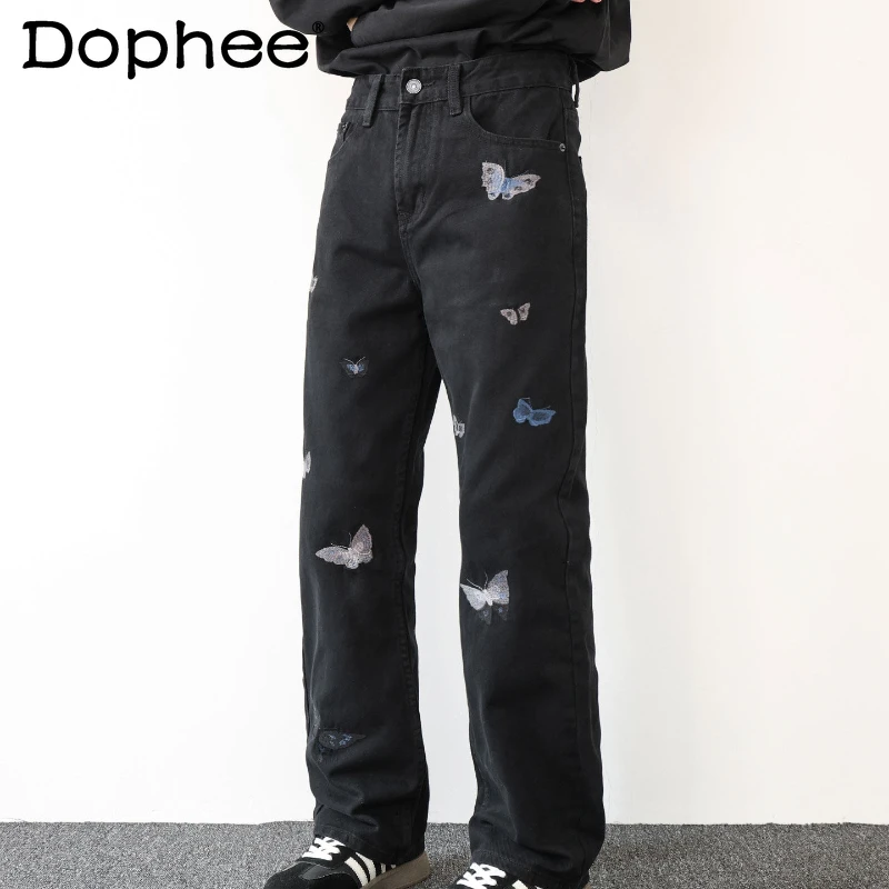 

2026 Men's Spring New Fashion High Street Denim Trousers Butterfly Embroidered Jeans Trendy Handsome Loose Straight Denim Pants