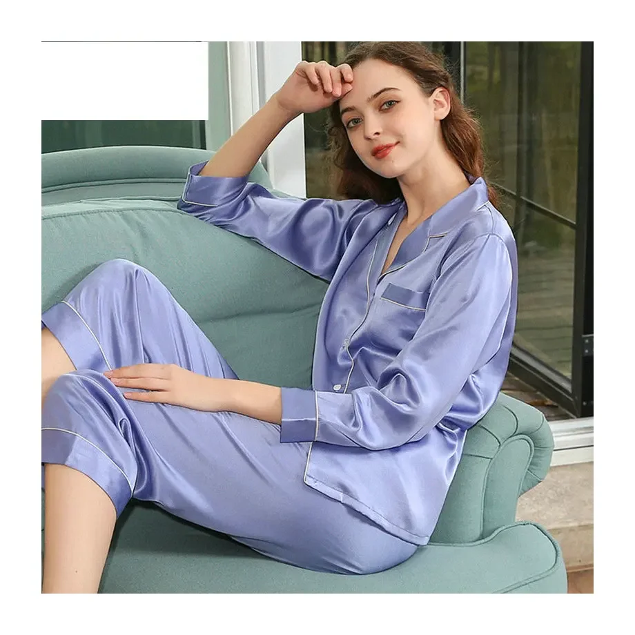 Wholesale Breathable 19 mm Long Sleeve Blue Women's Silk Pajamas for Couples