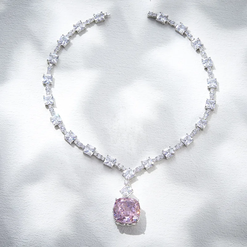 Sparkling Radiant Cut 21*23mm Pink High Carbon Diamond Tennis Chain Necklaces With Large Cushion Stone Women Jewelry