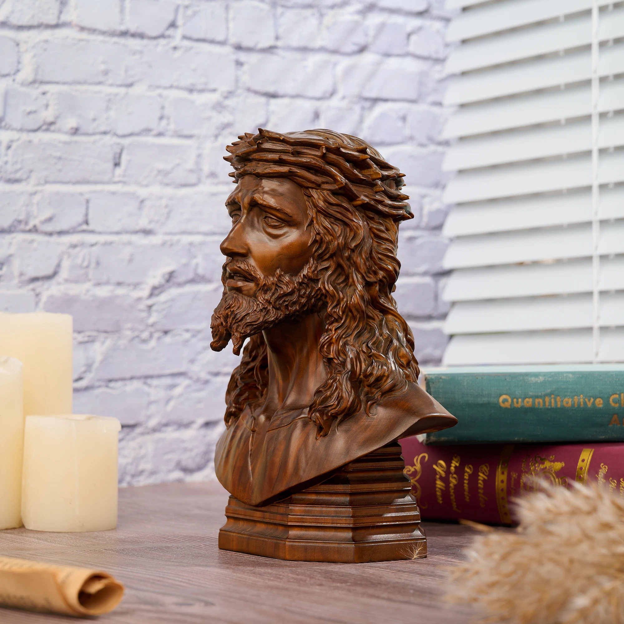 Wood Carved Jesus Christ Bust Statue Crown of Thorns Religious Sculpture Retro Wooden Head Figurine Catholic Home Altar Tabletop - view 3