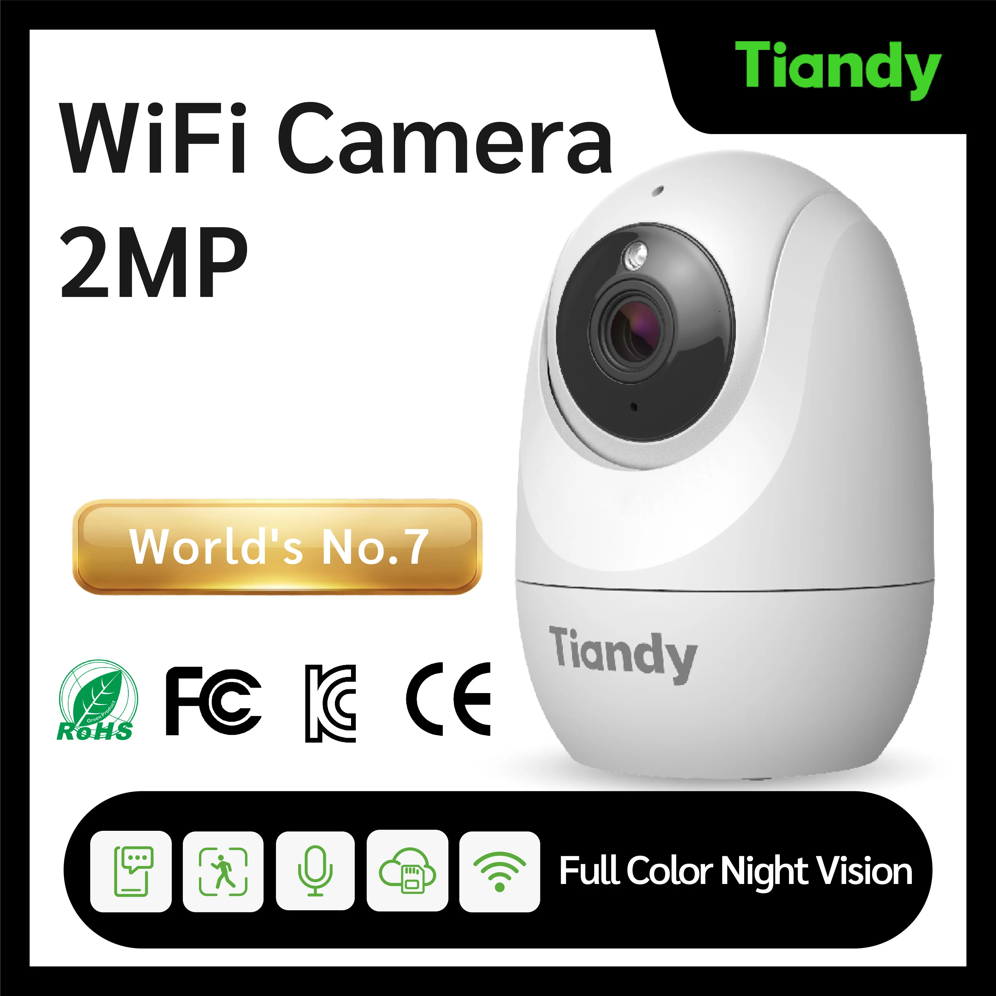 [Tiandy] Home Security WIFI Camera - 2MP - Full Color Night Vision - Human Detection - Two-way Audio - for Baby/Elderly/Pets