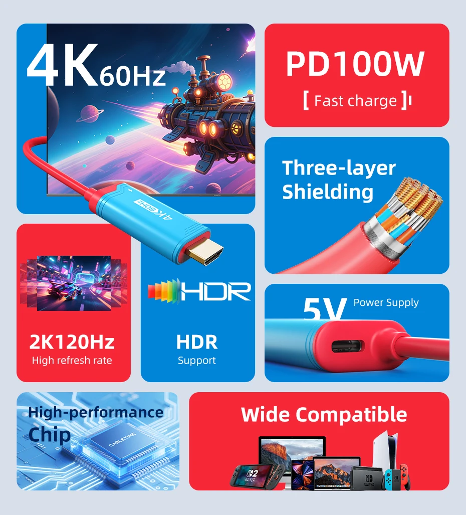 CABLETIME USB-C zu HDMI Kabel 4K144Hz PD 100W Typ-C zu HDMI Kabeladapter Perfekt für Switch 2/1 OLED PS4/5 Nintendo – Detail 17