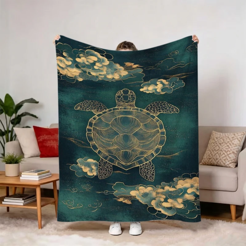 Dark Green Gold Line Turtle Cloud Flannel Blanket For Zen Bedroom Decor Soft Warm Throw Blanket Wrap