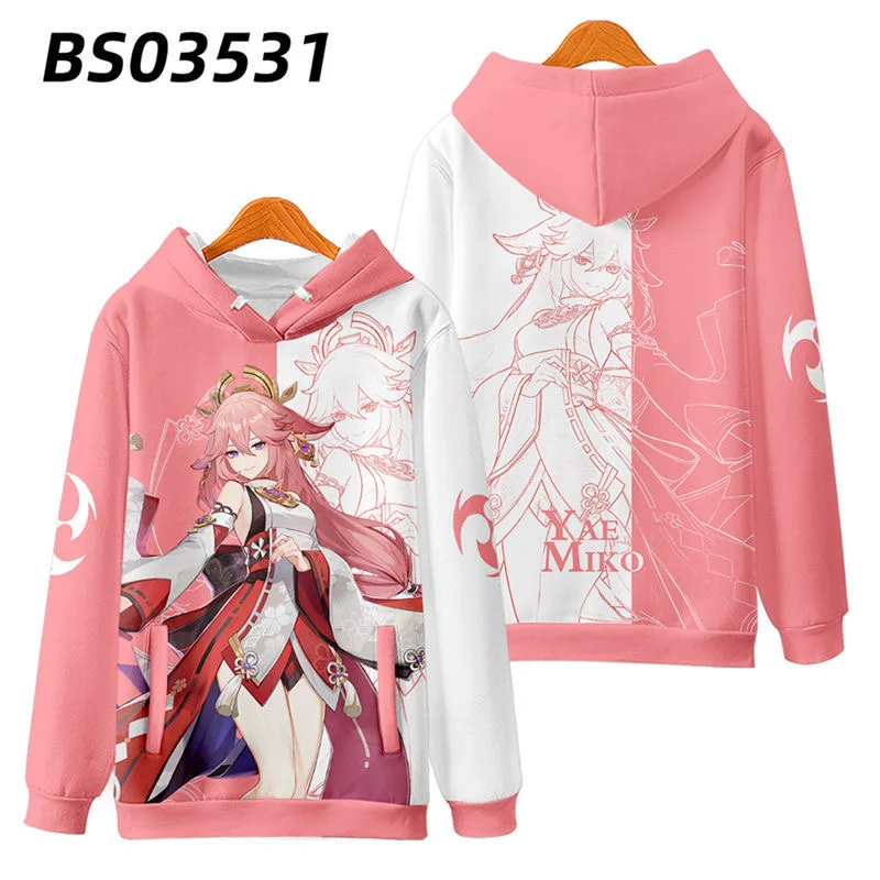 Genshin impact yae Miko เสื้อฮู้ดพิมพ์ลาย3D ผู้ชาย/ผู้หญิงเสื้อกีฬาแขนยาวเสื้อสวมหัวไซส์ใหญ่พิเศษ4XL