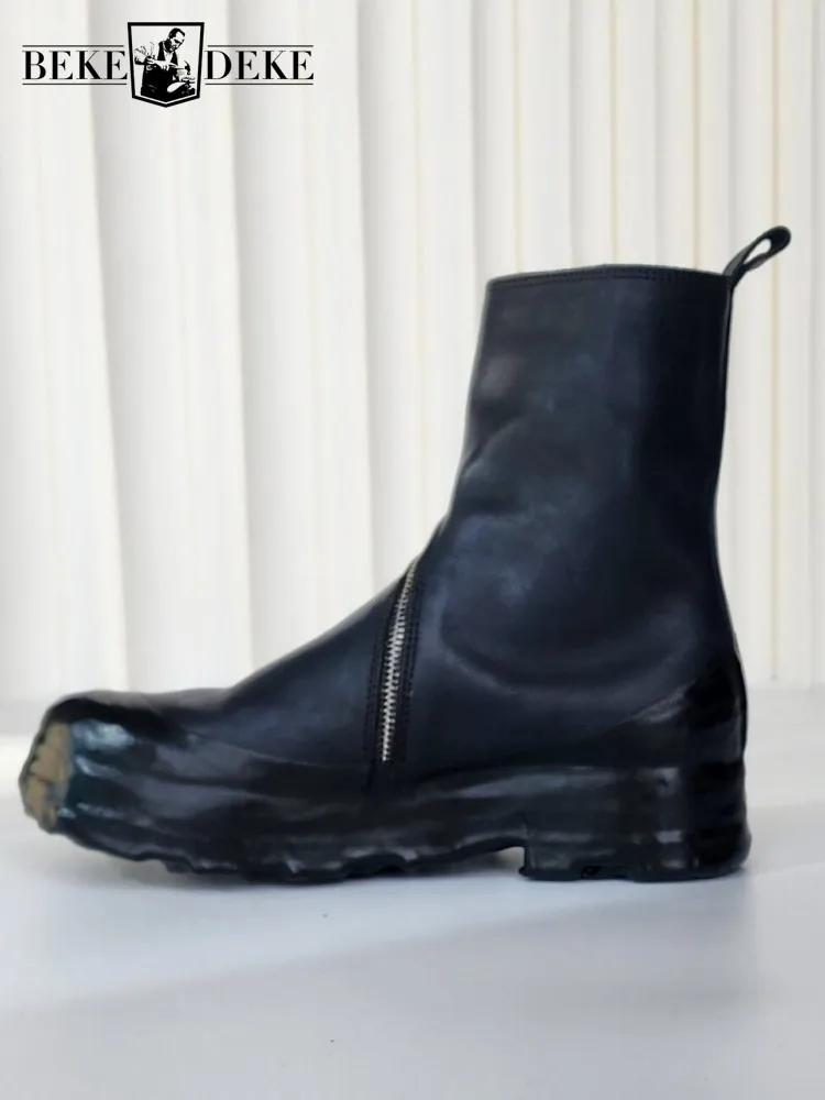 Street Fashion Male Genuine Leather Hard Wearing Ankle Boots Solid Color Cowhide Round Toe Zipper Platform High Top Shoes