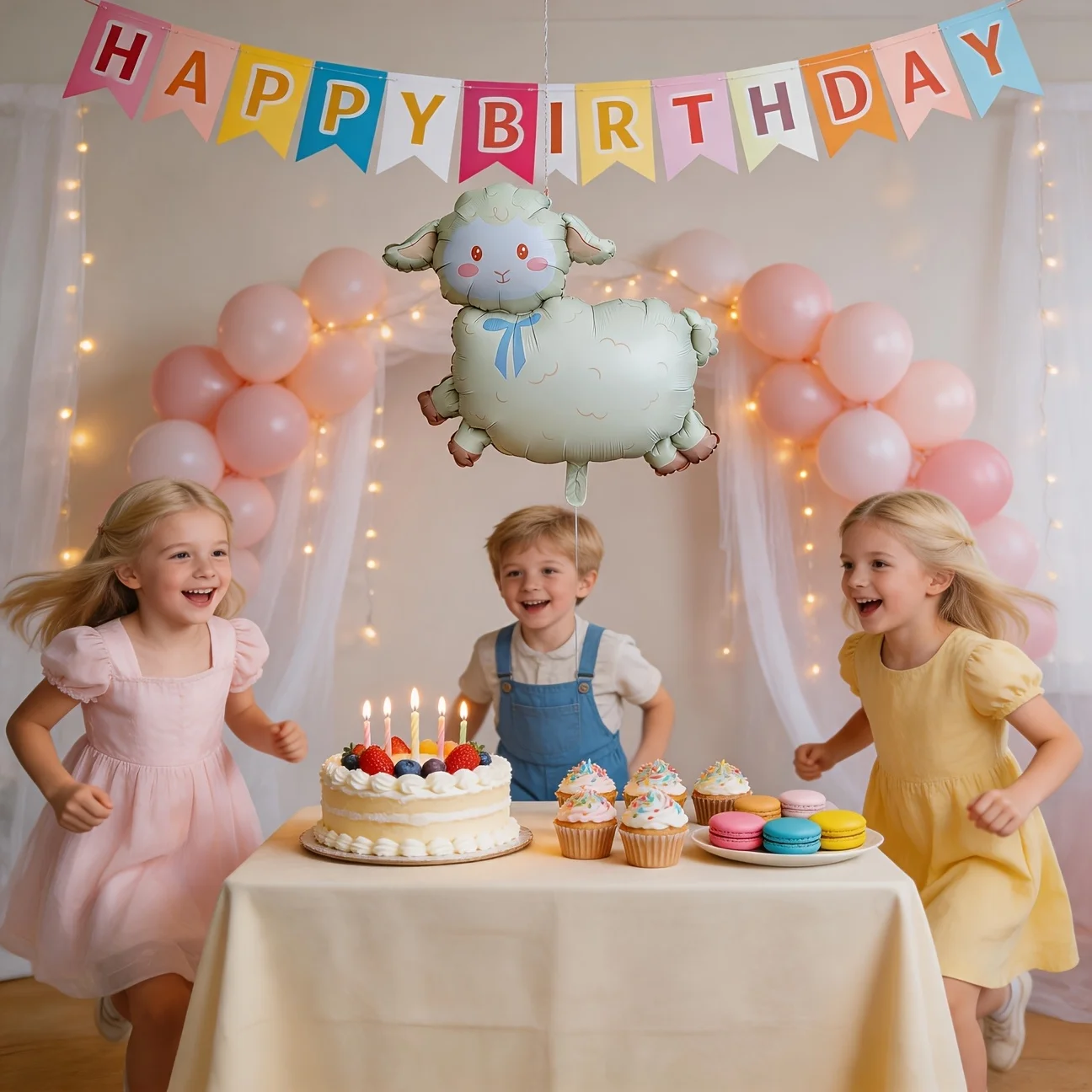 Cute Lamb Sheep Foil Balloon, Cream Cartoon Farm Animal Shaped Balloon with Light Blue Bow for Baby Shower, Kids 1st Birthday, F