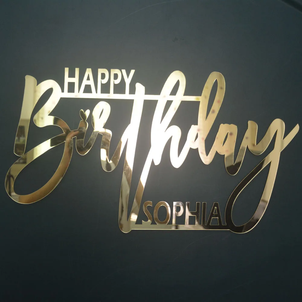

Personalized Happy Birthday Name Sign Acrylic Laser Cut Mirror Gold Custom Any Name Any Age Wall Hanging Home Party Decoration