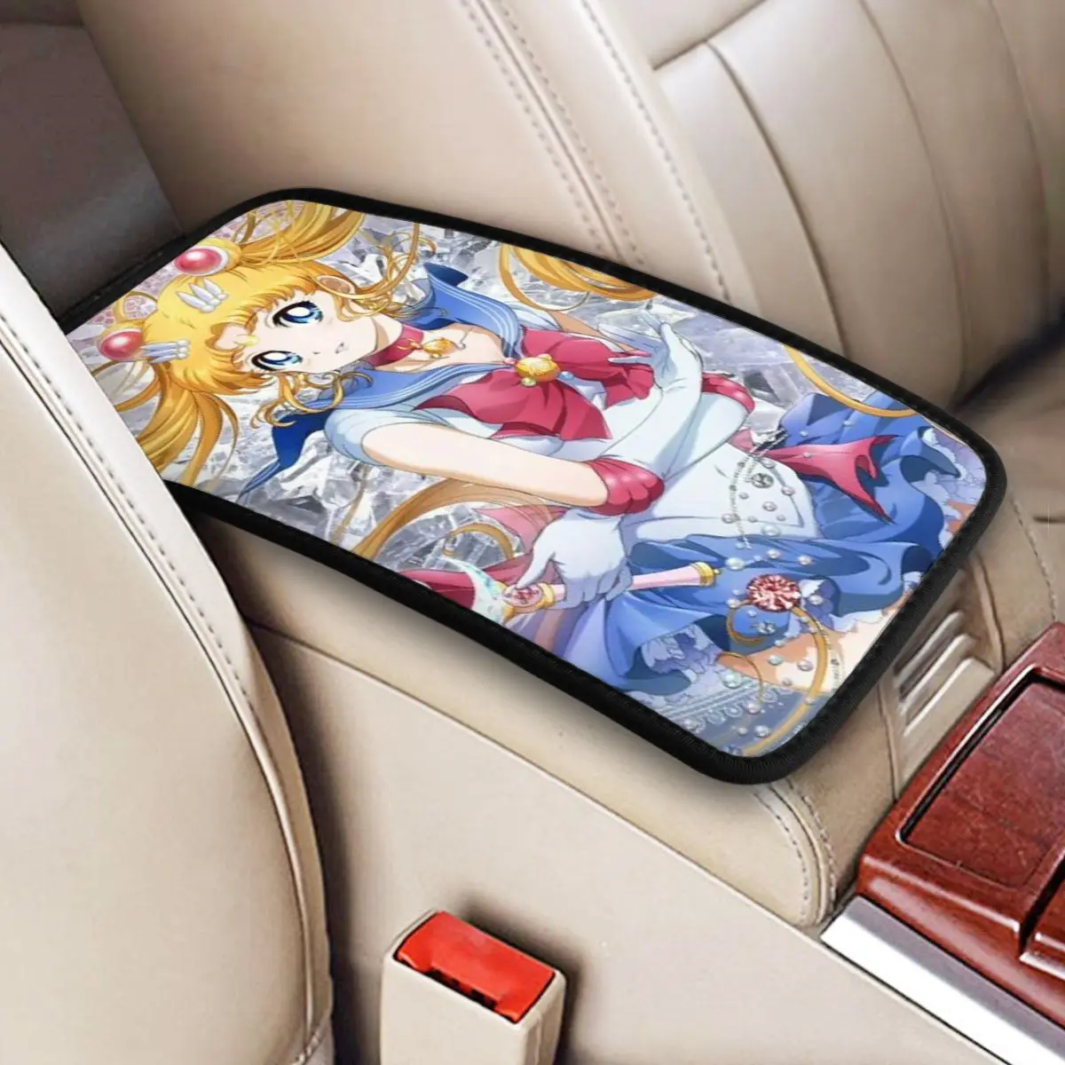 Moon Girl Anime Center Console Cover Pad for Cars Girl Beautiful Auto Accessories Interior Non-slip Armrest Cover Mat