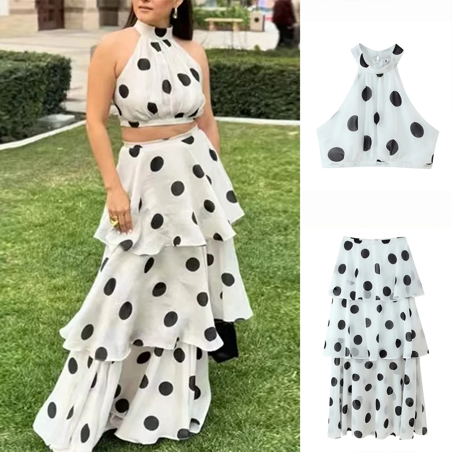 

Летний женский топ с круглым вырезом в горошек и длинной юбкой-торт, комплект из двух предметов, моющийся повседневный наряд