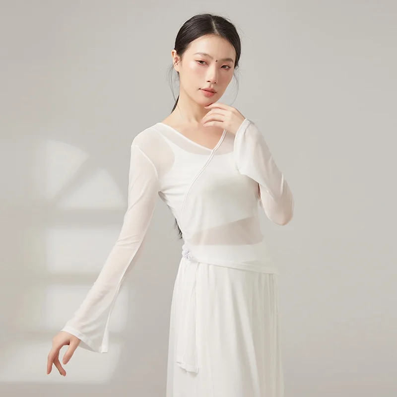 Classical Dance Top For Women Body Rhyme Practice Performance Dress Form Cross V-neck Mesh Micro Flared Cuffs Dance Clothes