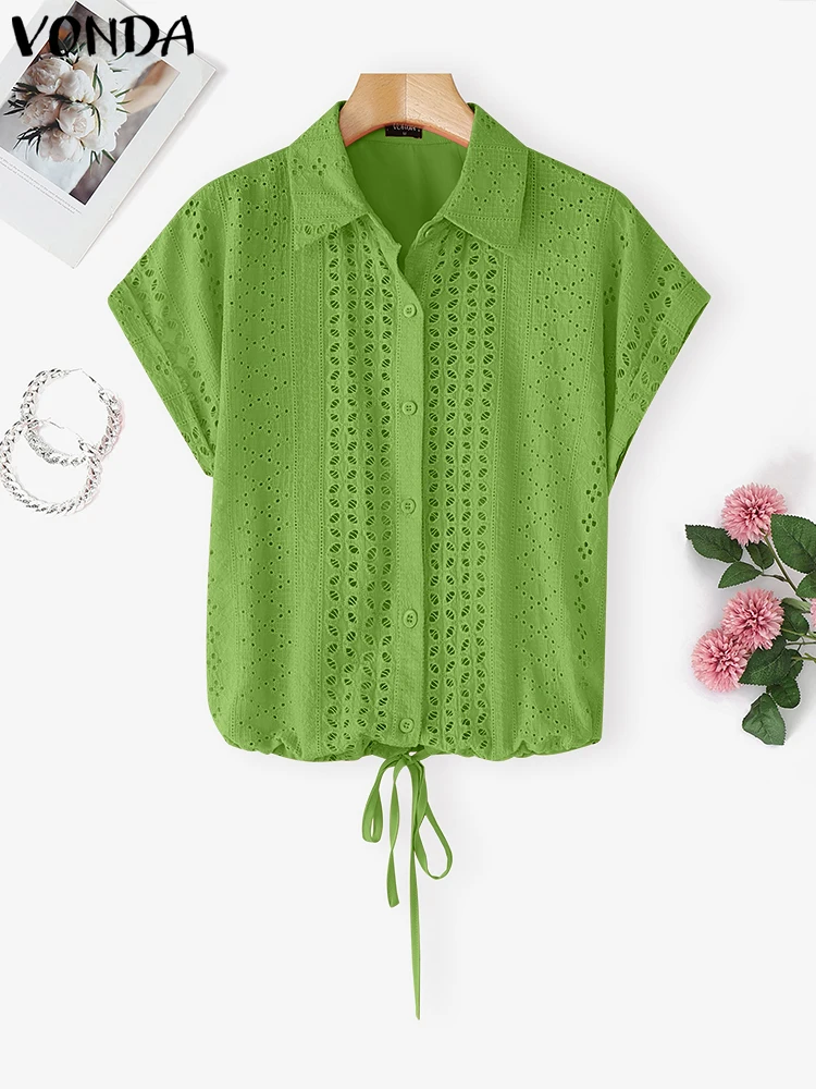 VONDA Fashion Blouse Summer White Shirts 2025 Women Lapel Short Sleeve Lace Elegant Office Lady Tops Casual Loose Blusas Femme