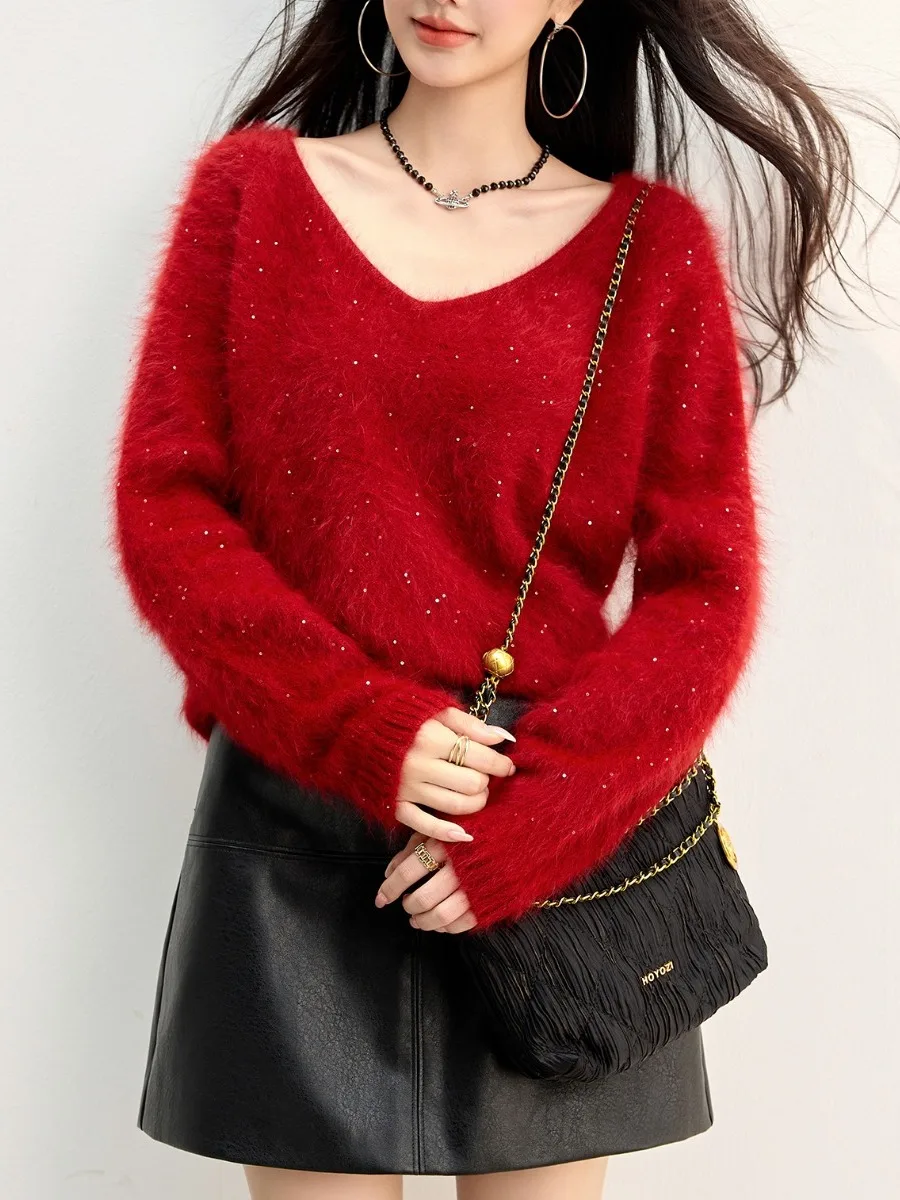 

Женский вязаный свитер-пуловер с V-образным вырезом и пайетками из смешанного волокна, модный топ, коллекция Осень-Зима 2025