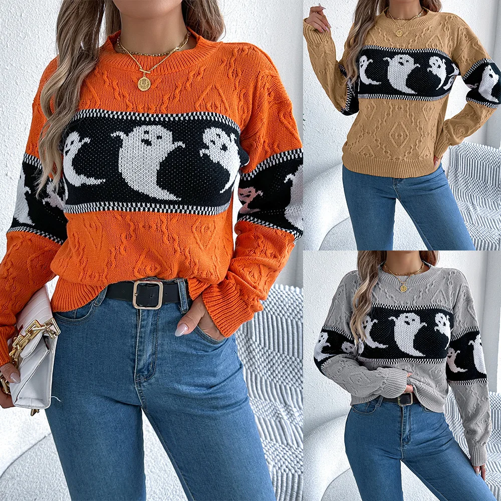 Halloween Women's Autumn and Winter Casual Striped Contrasting Ghost Pattern Long Sleeved Pullover Sweater