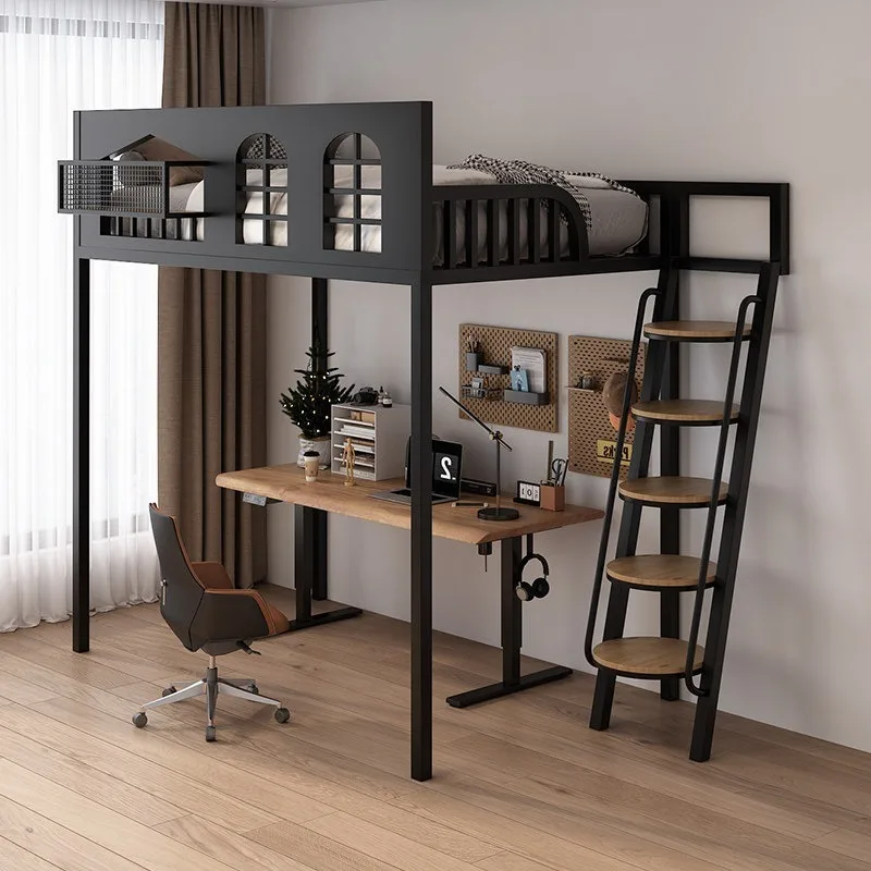 modern simple  iron loft bed with Different types of stairs Multi-color large-capacity elevated bed for Bedroom Furniture
