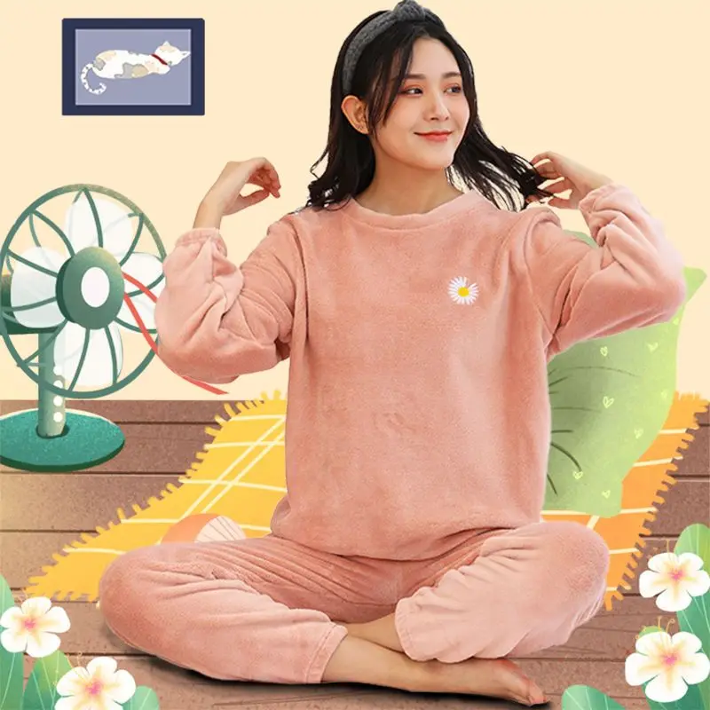 Casal Coral Plush Plush Nightwear Set, Velo grosso e quente, Roupas para casa, Outono, Inverno