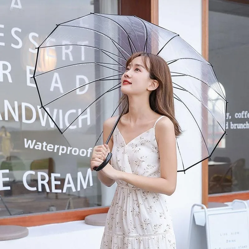 مظلة شفافة محسنة بـ24 ضلعًا مع مقبض طويل وخطاف منحني، مظلة بيضاء معززة بـ6 ضلعًا ذات قيمة جمالية عالية للطلاب