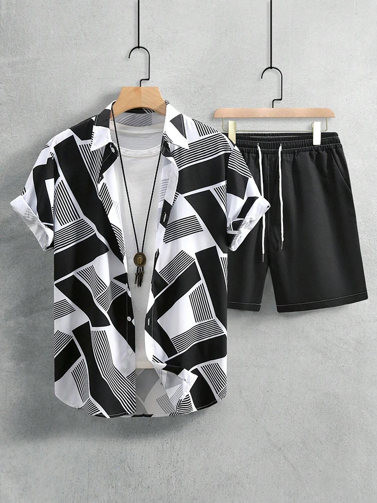 ملابس الشارع، بدلة هاواي، طقم قميص شاطئ مطبوع ثلاثي الأبعاد للرجال، قميص بأكمام قصيرة، شورت شاطئ كاجوال كبير الحجم #2