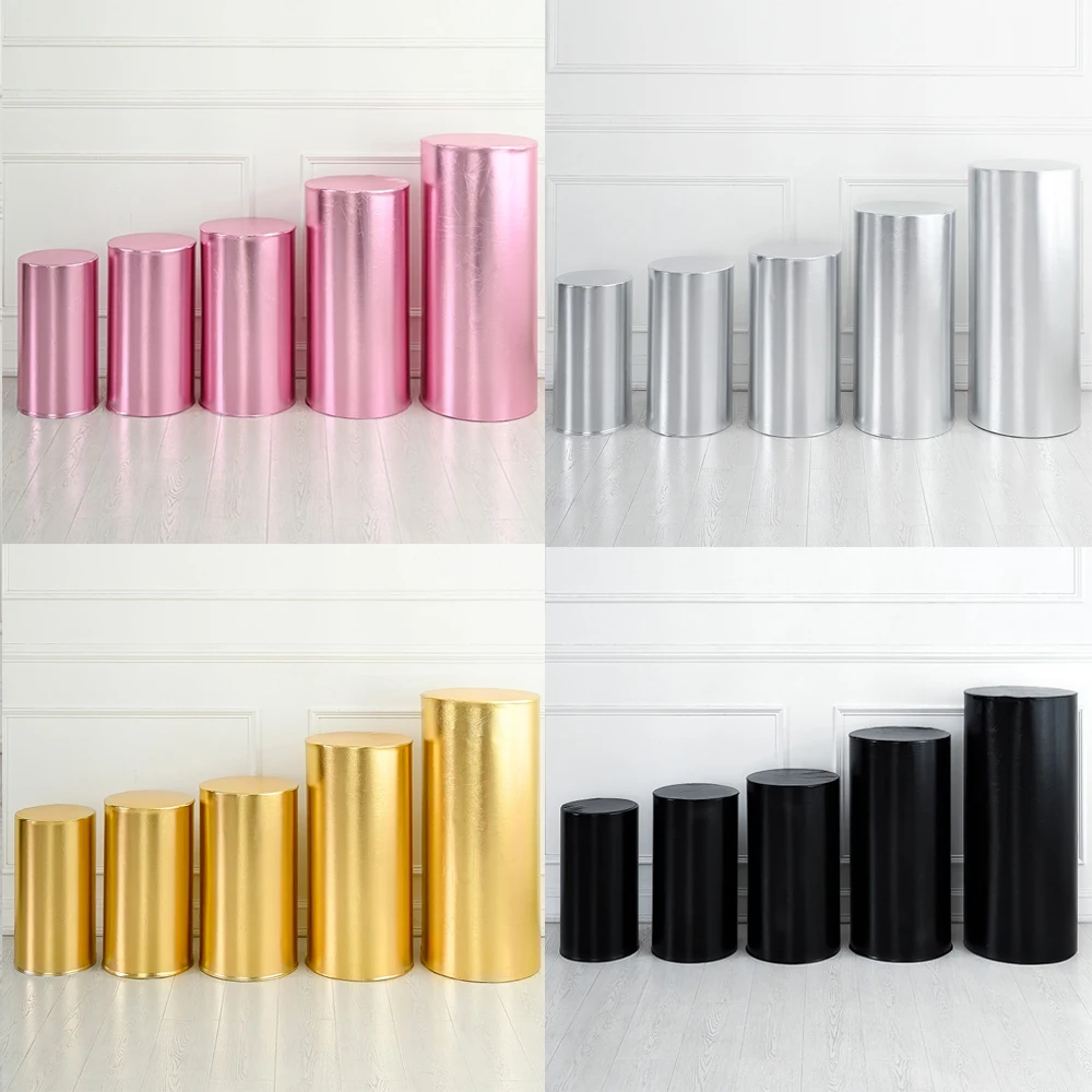 Gold Silver Black Pink Shiny Flash Fabric Stretch Bronzing Cloth Elastic Pedestal Column Cylinder Covers Party Decoration Photo