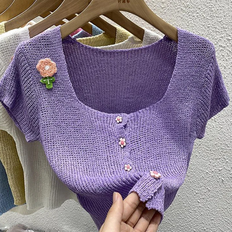 

Korean Fashion Short Sleeve Cardigan Femme Summer Knitting T-Shirts Women Clothes Trend Sexy Square Collar Buttons Top Tee Femme