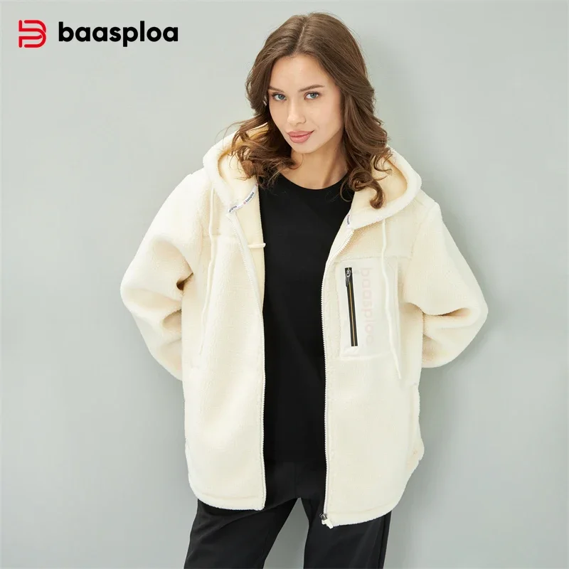 Baasploa New Women Lamb Wool Hoodies Autumn Fashion Solid Color Long Sleeve Jacket Female Casual Zipper Loose Hooded Sweatshirts