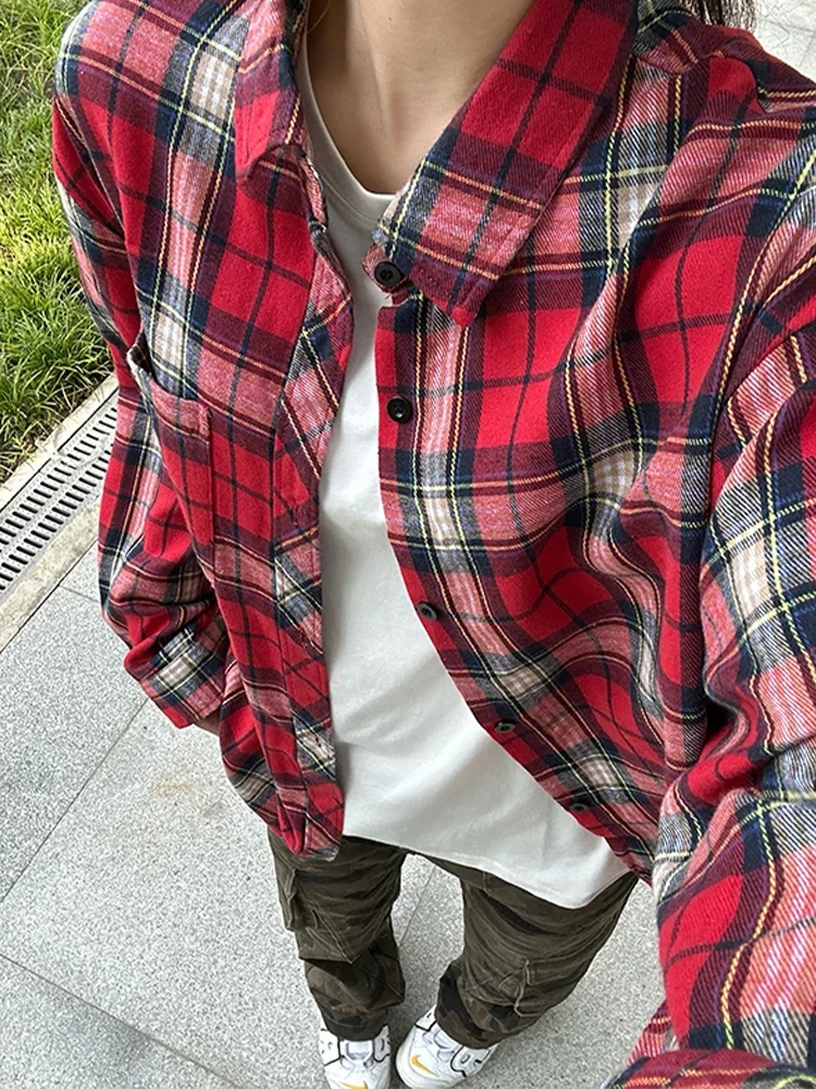 

Красная американская ретро-рубашка в клетку для мужчин, тонкая, на раннюю осень, с длинным рукавом, винтажная, для пар, свободного кроя, дышащая