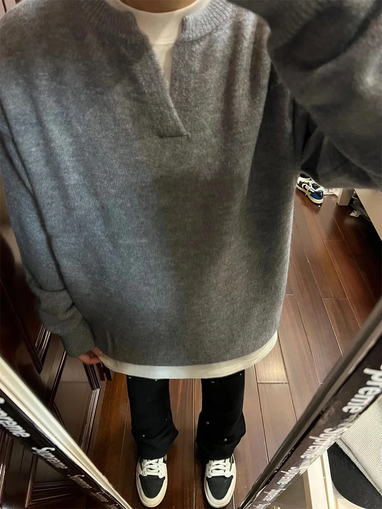 

Мужской трикотажный свитер American Sleey с V-образным вырезом и воротником Хенли, свободный крой, премиум-класс, для зимы, повседневный, в стиле CleanFit