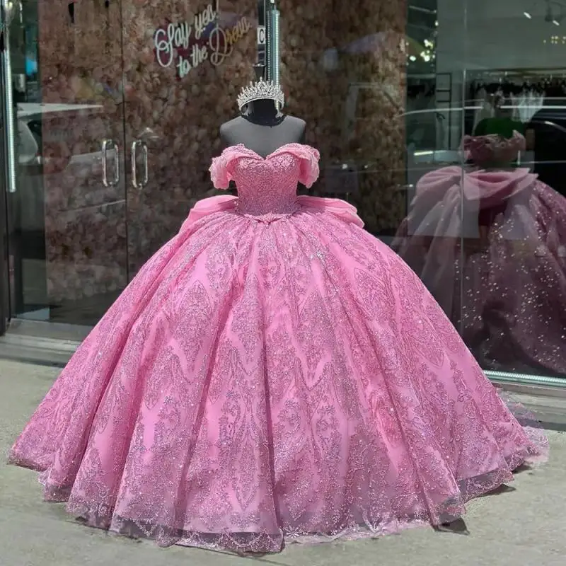 

Pink Glitter Crystal Sequined Lace Ball Gown Quinceanera Dresses Off The Shoulder Bow Corset Vestidos De 15 Anos