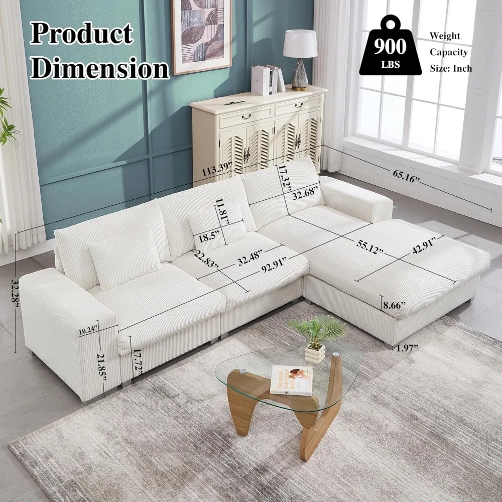 Современный Глубокий секционный диван L-образной формы, вельветовый диван 113/дюймовый с шезлонгом для комфорта гостиной