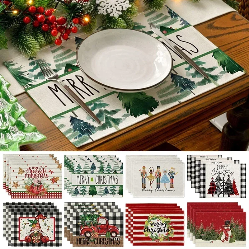 4Pcs Christmas Placemats Xmas Tree Snowman Pattern Table Mat Coaster Bowl Coffee Cup Pad Mat New Year Home Kitchen Decor