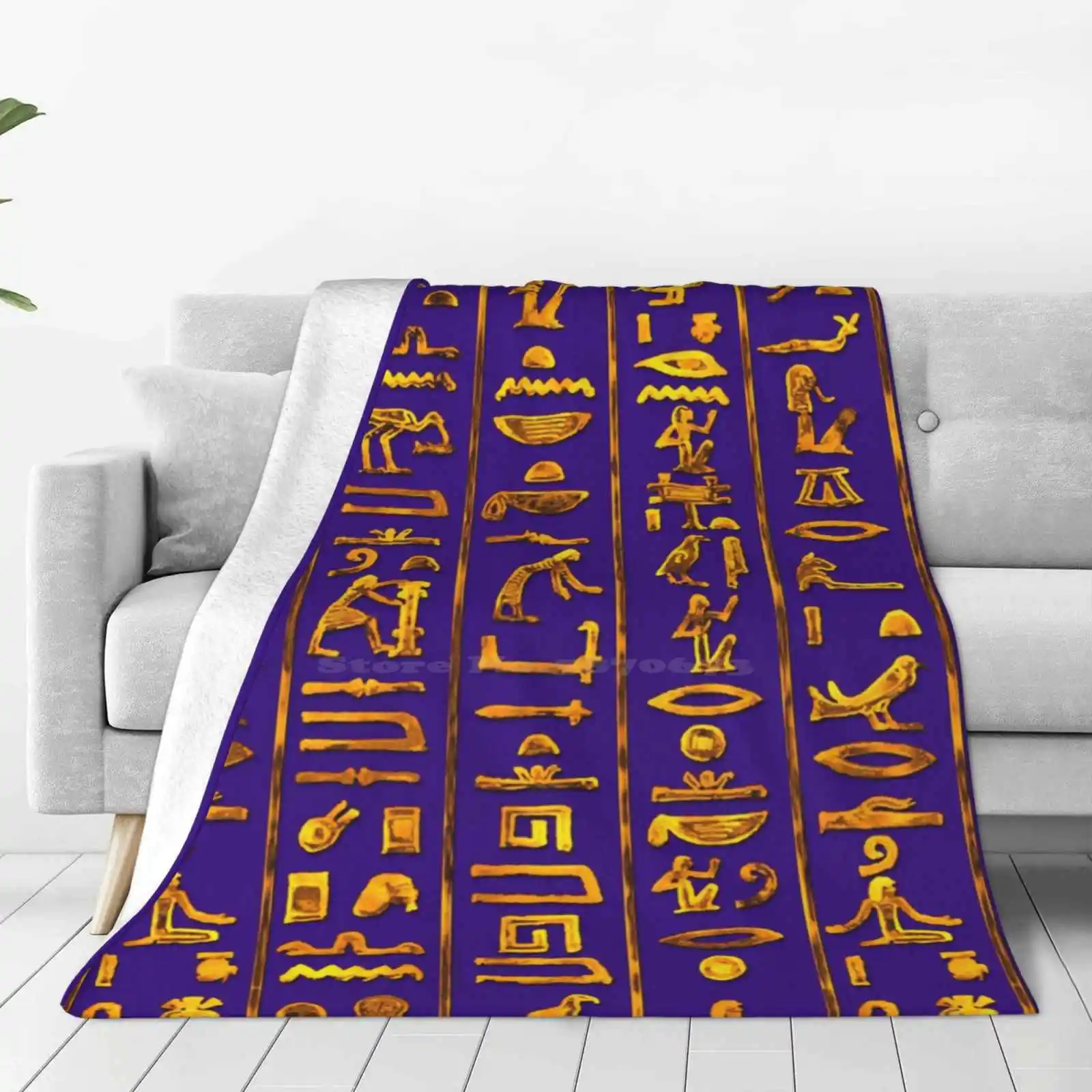 Ancient Egyptian Hieroglyphs ( Gold On Purple ) Soft Warm Throw Blanket Ancient Egypt Pharaoh Anubis Goddess Symbol Gold