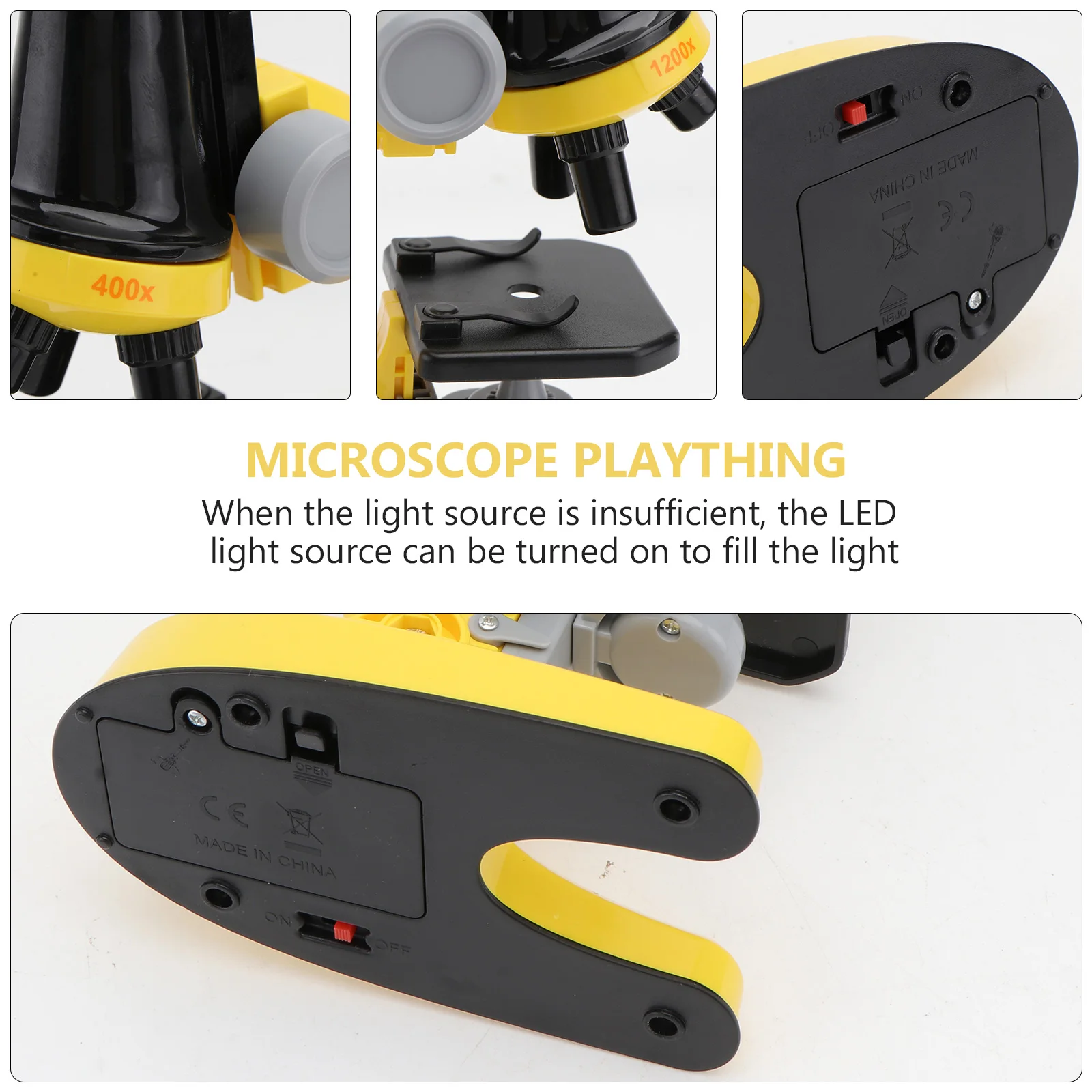 

1set 1Set 1200X Microscope For Kids Adjustable Led Light Educational Science Tool Yellow Students Learning Gift Plaything