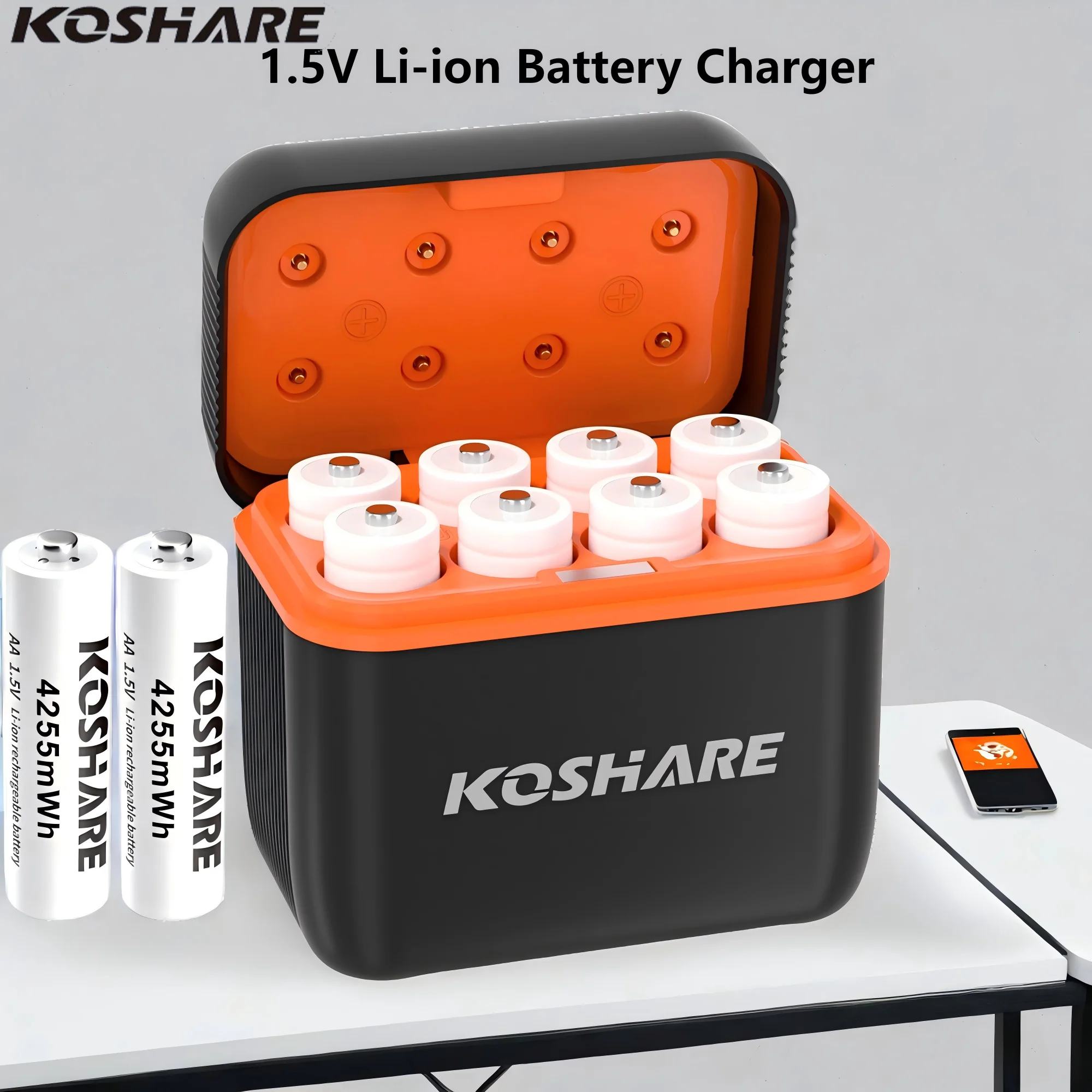

KOSHARE 1.5V AA Lithium Battery Charging Box 8-slot fast charger for AA 4255mWh rechargeable lithium-ion batteries