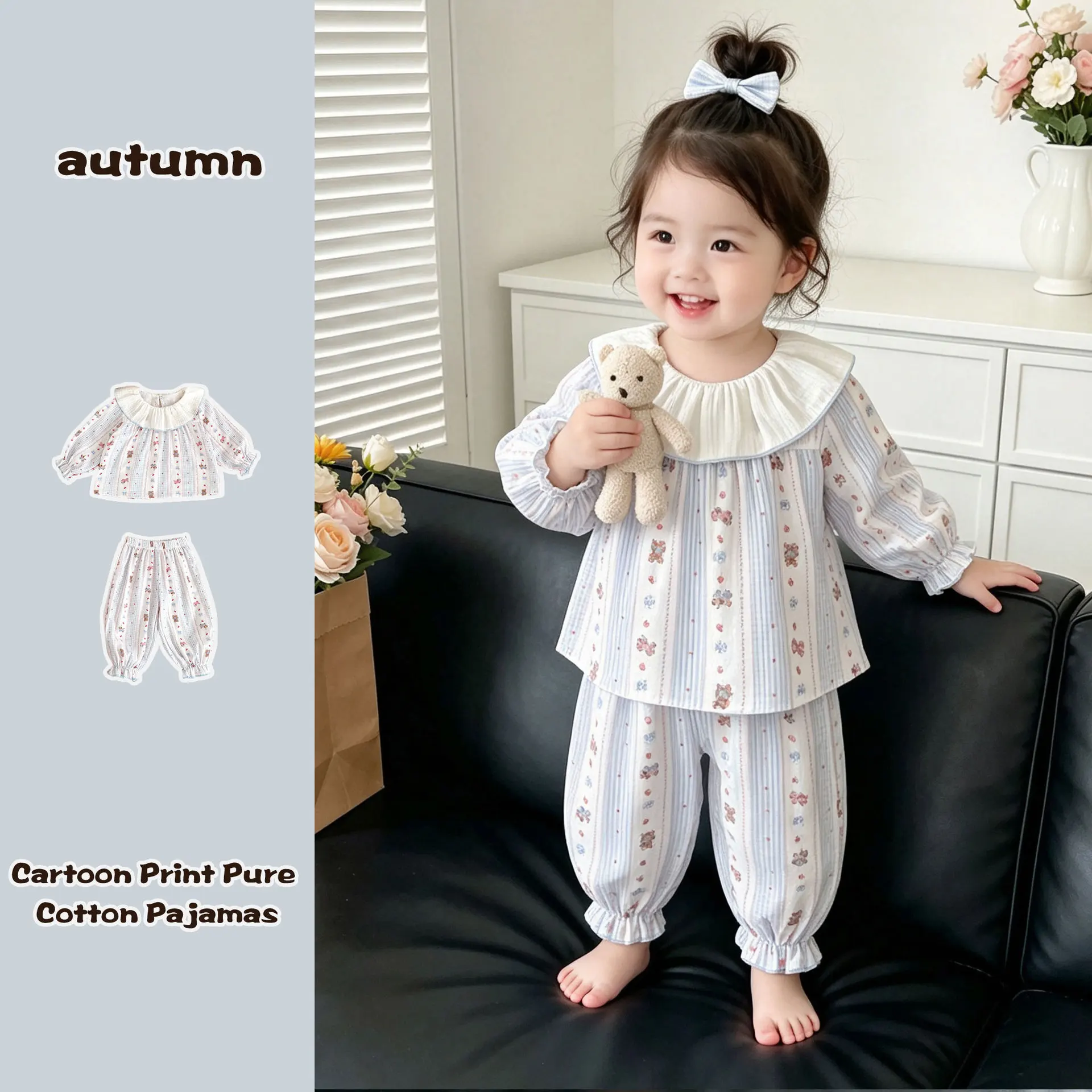 2026-new-fall-baby-girls-cartoon-pajama-set-100-cotton-long-sleeve-top-pants-kids-comfy-sleepwear