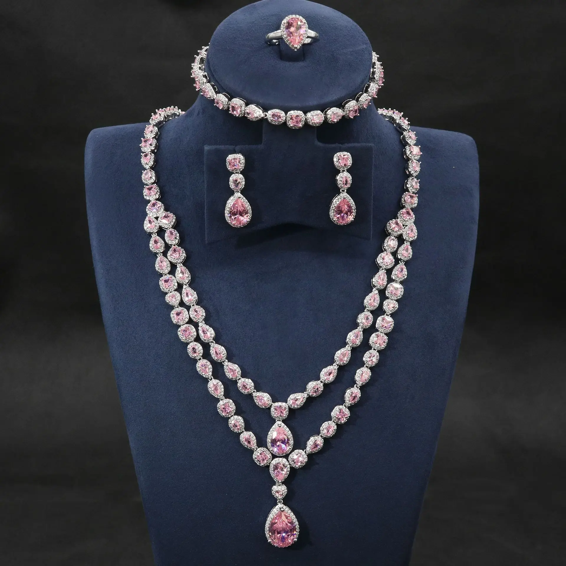 

2024 Hot Cubic Zirconia Bridal Wedding Pink Jewelry Set Dubai Nigeria Africa Women's Necklace Earring Set