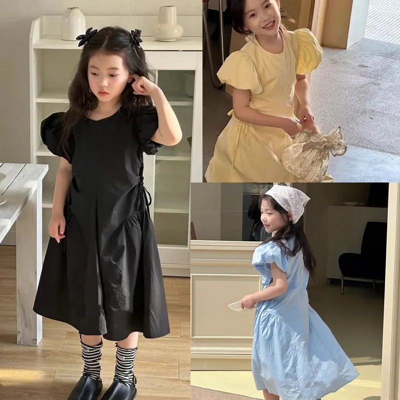 Girls Dress 2026 Spring Summer New Korean Version Solid Color Bubble Sleeve Princess Dress Sweet Temperament Daily