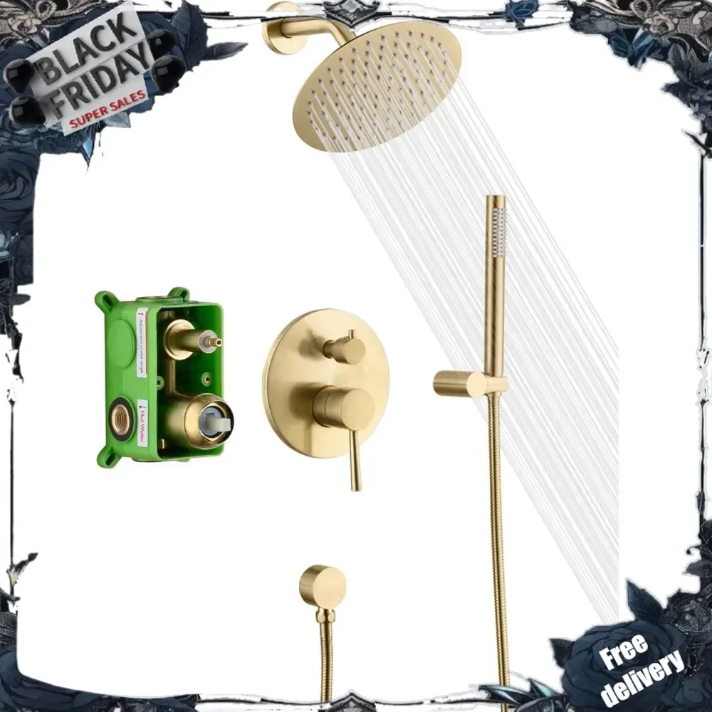 

Brushed Gold Shower Faucet System with high pressure 8 Inches rain shower head and brass hand shower