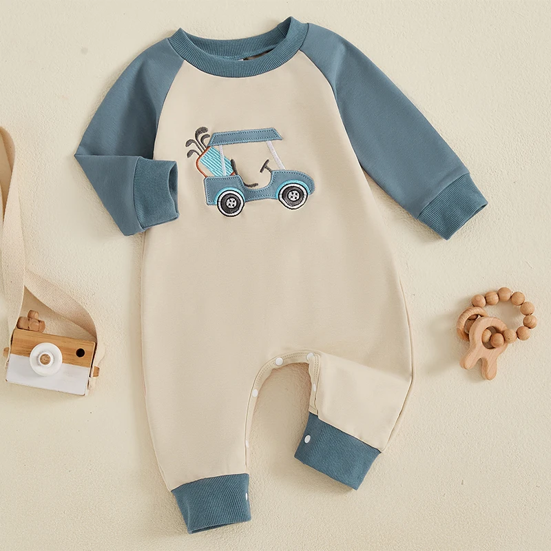 Newborn Baby Boy Romper Autumn Golf Cart Embroidery Long Sleeve Crew Neck Full Length Jumpsuit Toddlers Casual  Outfit