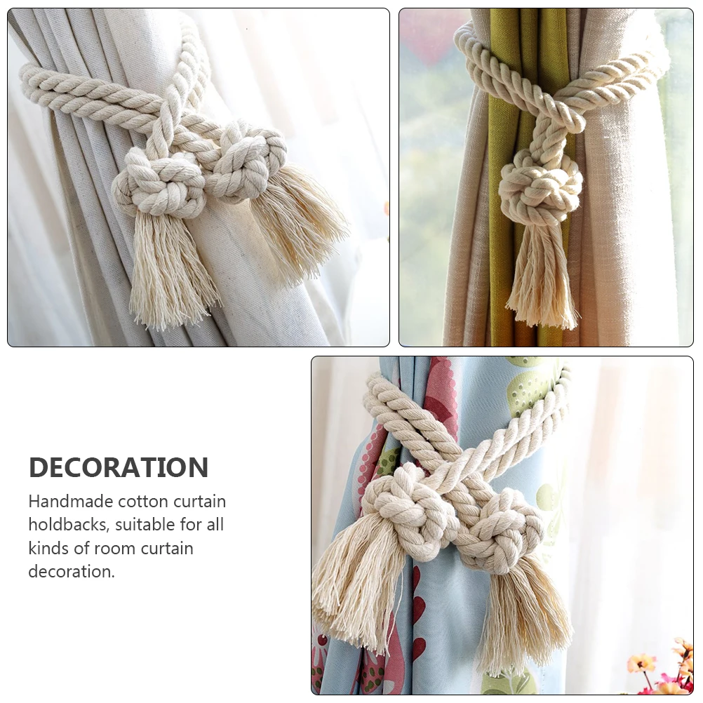 2 fermacravatte per tende con nappe retrò, corda di cotone, fibbia per tende rustiche lavorate a maglia beige per tende da interno ed esterno, corda di cotone