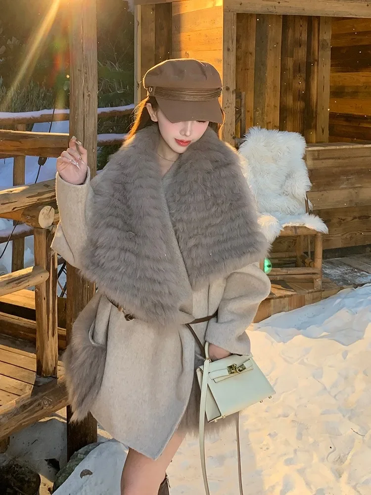 2023 neue Weibliche Warme Kaschmir Woolen Mantel Mode Lose Winter Kleidung Frauen Heiße Verkäufe Große Echt Fox Pelz Kragen Wolle jacker