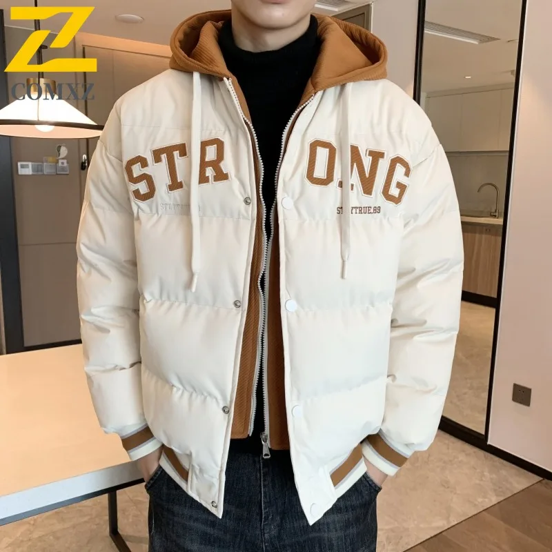

COMXZ Luxury Men Cotton Coat Casual Fake Two Piece Design Travel Warm Parka Classic Hooded Outdoor Lightweight Winter Jacket