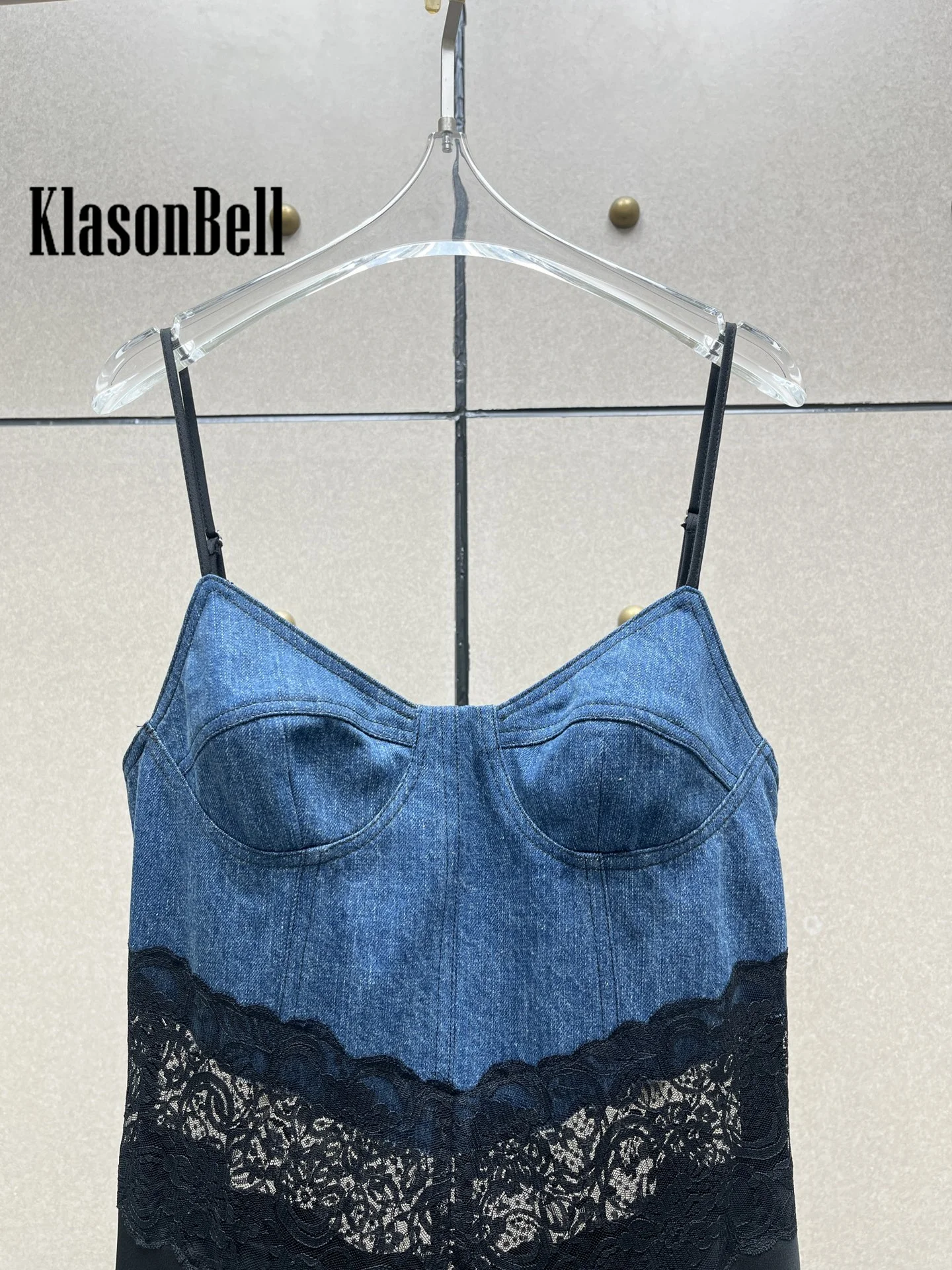 8.31 KlasonBell Women Fashion Denim Spliced Lace Maxi Evening Dress Elegant Sexy Strapless Spaghetti Strap Slim Banquet Dress