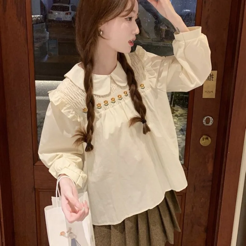 

Ladies Spring Summer Preppy Style All-match Solid Color Printing Peter Pan Collar Women's Shirt Sweet Loose Long Sleeve Top Tee