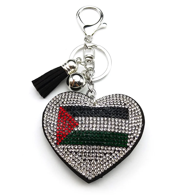 Palestine Flag Full Crystals Heart Shaped Key Chain for Women Men Leather Silver Color Keyring Bag Car Accessories Jewelry Gift - view 5