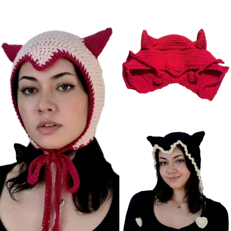 Szydełkowane czapki rogami, nakrycie głowy, kapelusz prezent na Halloween, ciepła, zabawna czapka typu beanie