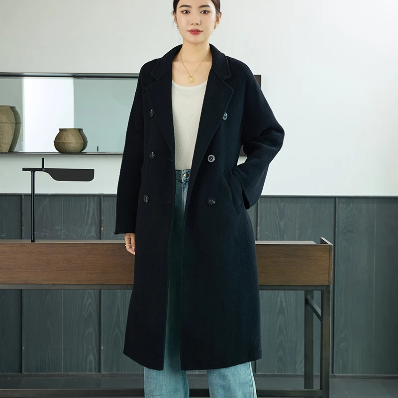 2025 Blue Long Women's Coat Autumn Winter New 100% Pure Wool Double-Breasted High-End Women's Jacket Versatile Women's Clothing