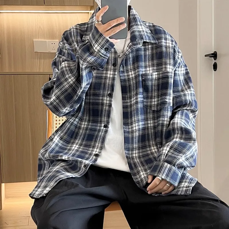 

Casual Plaid Long Sve irt Men's Spring Autumn Versatile Sli Hong Kong Sle Student Youth Trendy Brand INS Jaet