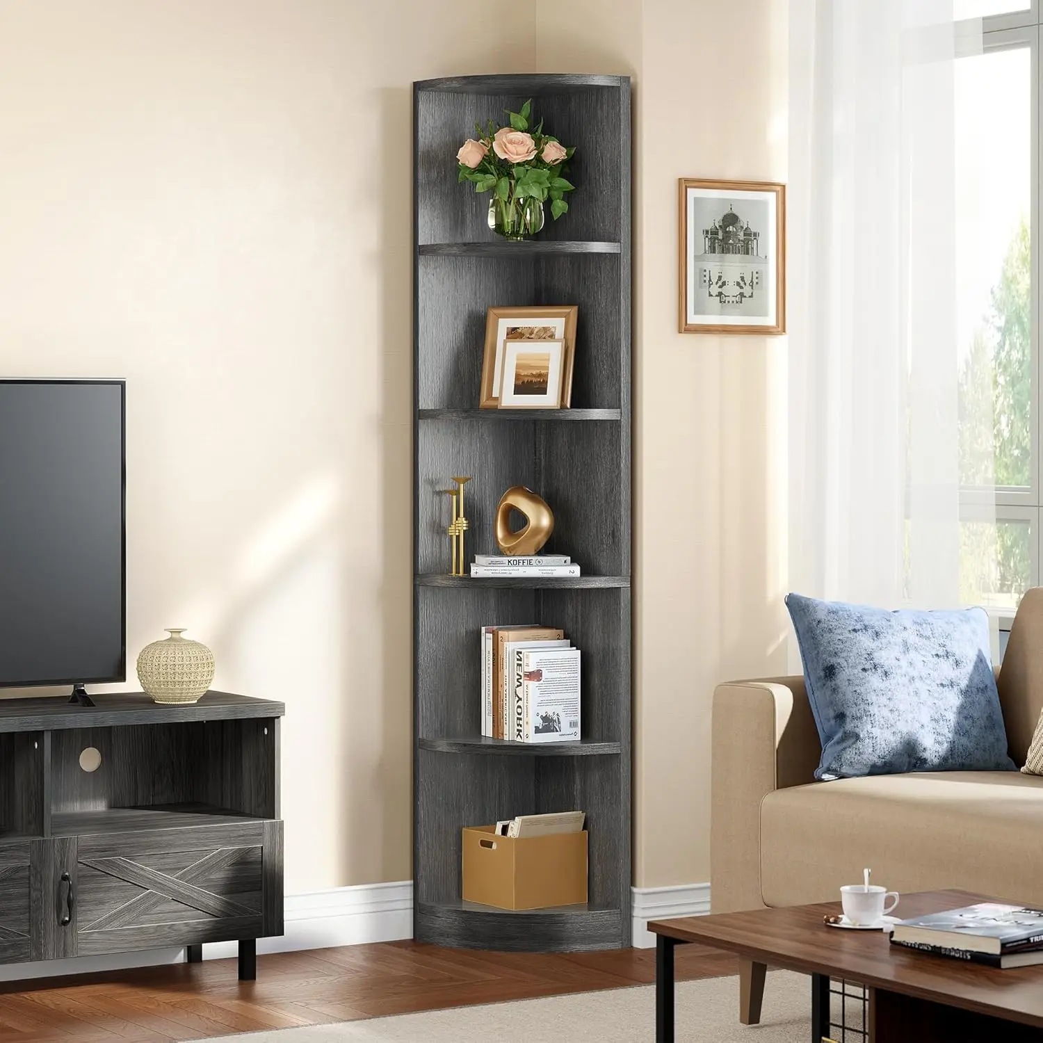 Corner Shelf, 5 Tier Corner Bookshelf and Bookcase, Modern Open Free Standing Shelving Unit Wooden Display Rack Storage