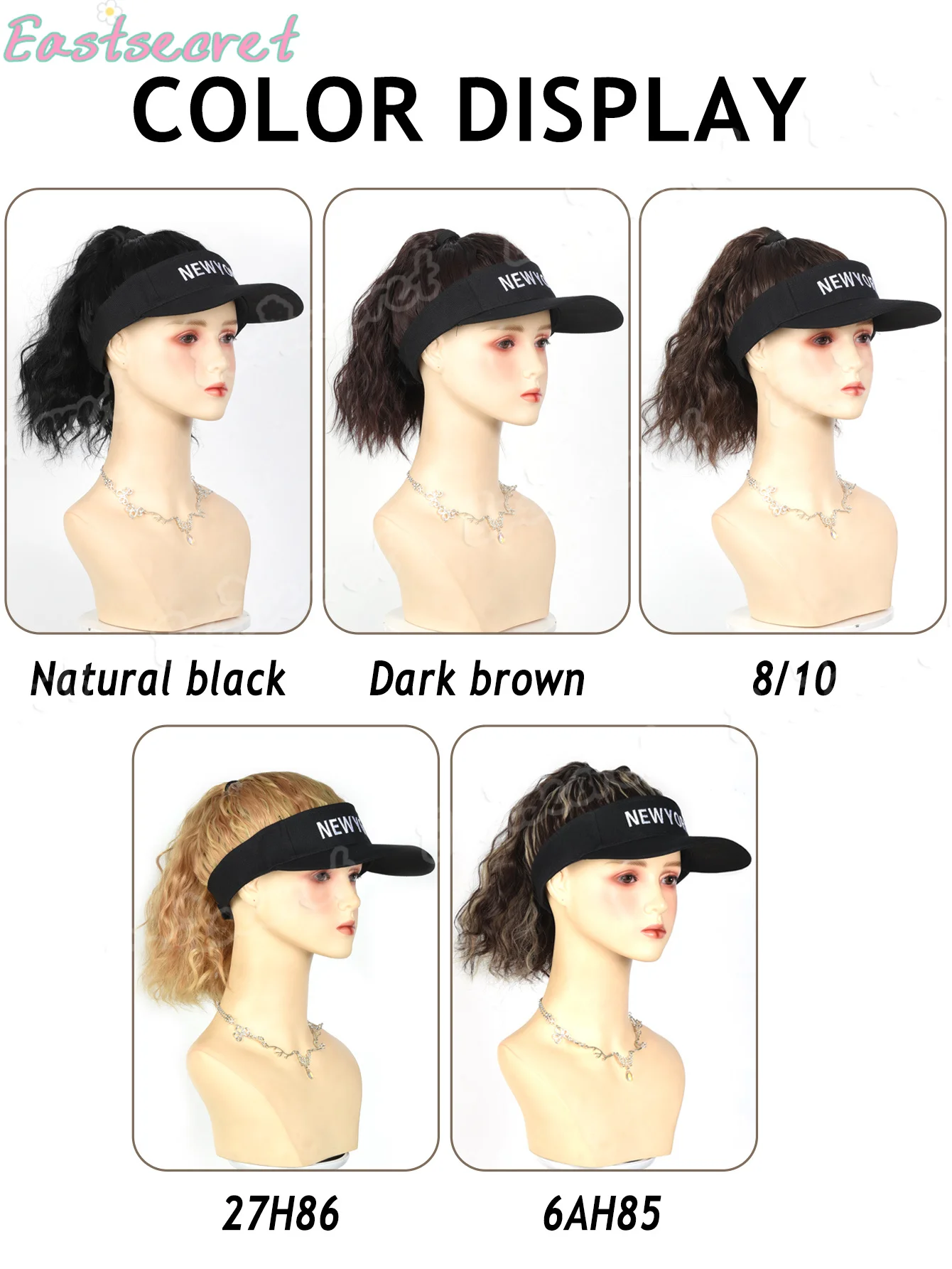 EAST Peluca de cola ondulada rizada sintética, peluca de sombrero negro con letras, resistente al calor, adecuada para uso diario, pelo corto integrado con sombrero