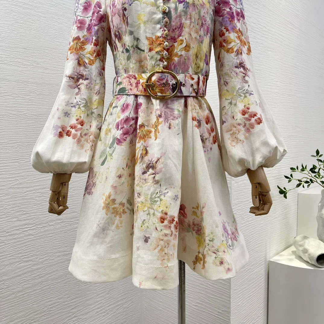 2025年新作ファッション、マルチカラーランタン袖花柄プリントミニドレス