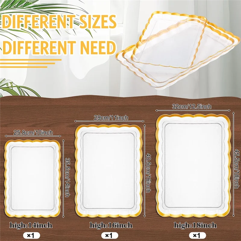 الترويج! صواني تقديم 3 قطع من البلاستيك الشفاف بنمط موجة مستطيلة، 14 بوصة × 10 بوصة، 16 بوصة × 11 بوصة، 18 بوصة × 12.5 بوصة مع لوحات ذهبية Pl
